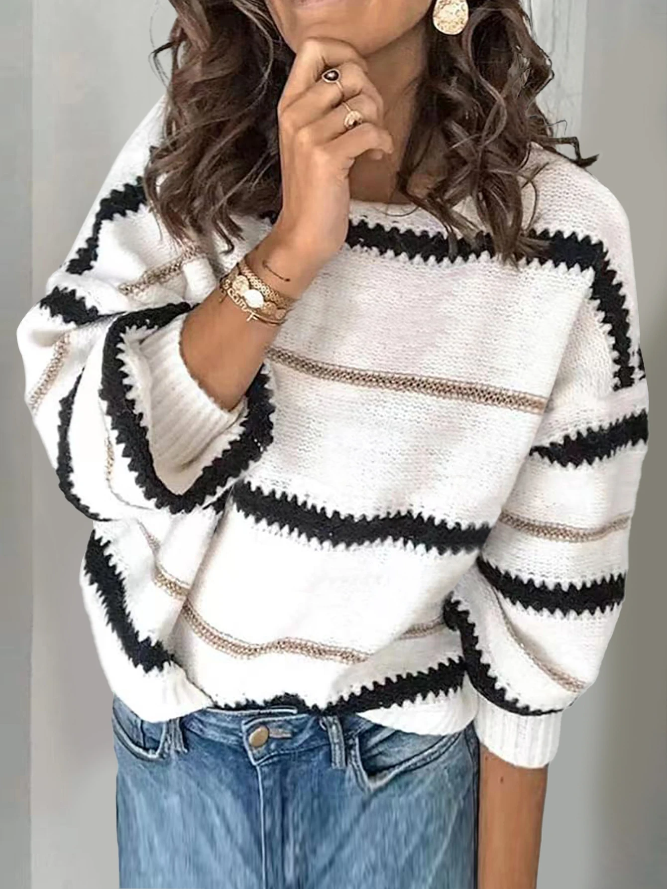 Autumn and winter women's casual commuter loose crew neck pullover popular metal stripes multi-color patchwork knit sweater