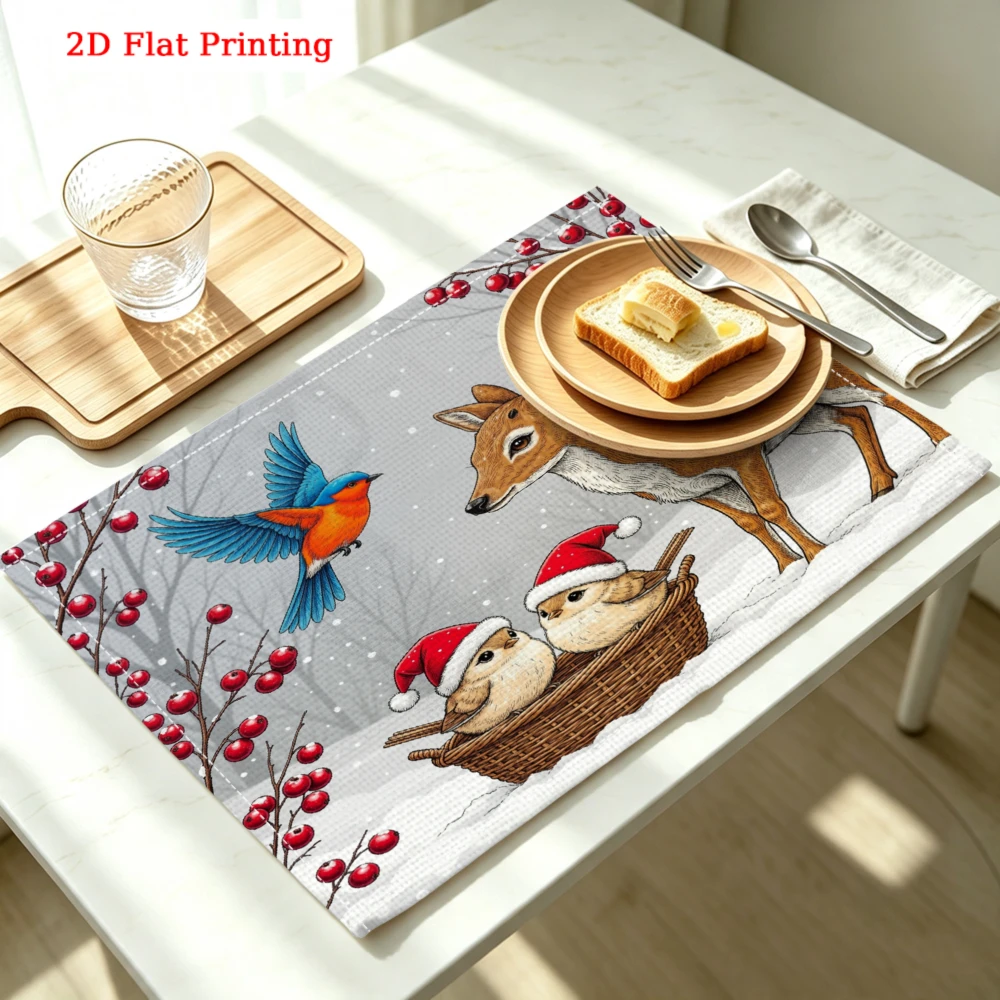 Deer Birds Berries Snow Scene Kitchen Placemat Coaster Linen Pad Dish Coffee Cup Table Mat 30x40cm Home Decor