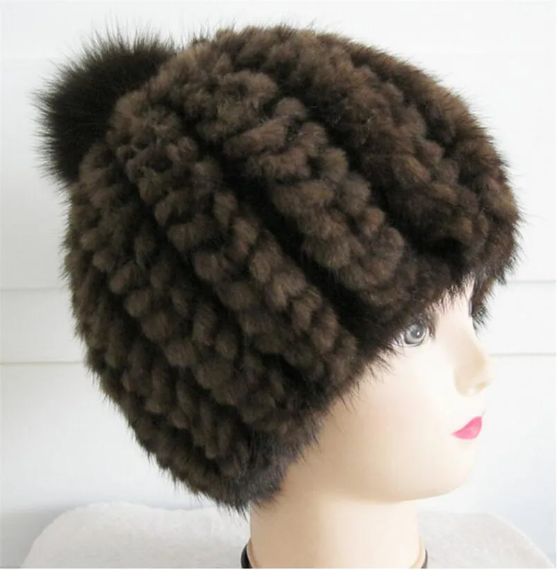قبعة مريحة مخططة من فرو المنك والثعلب - قبعة شتوية دافئة محبوكة مع كرة كبيرة فاخرة، أزياء نسائية أنيقة #2