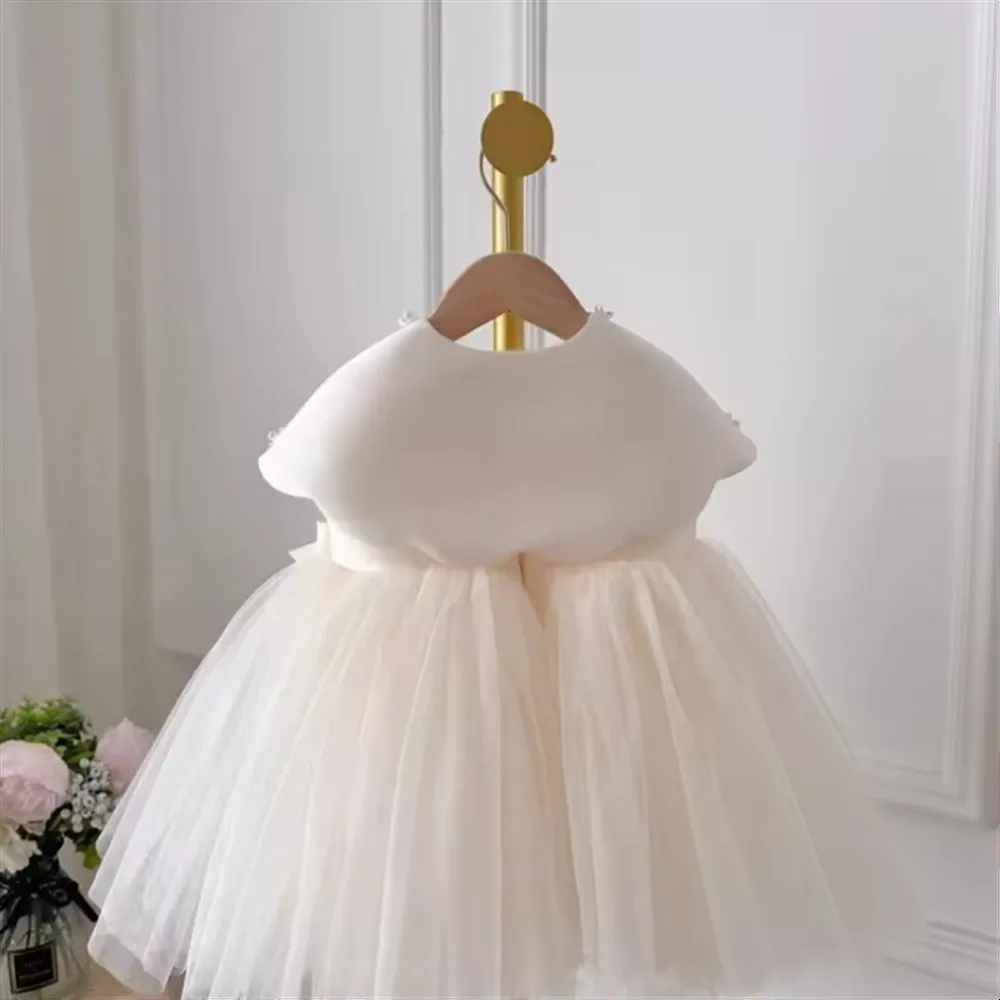 Cute Flower Girl Wedding Dress Princess Bow Satin Tutu Dress Sleeveless Infant Toddler Child Elegant Birthday Party Baby Cloth