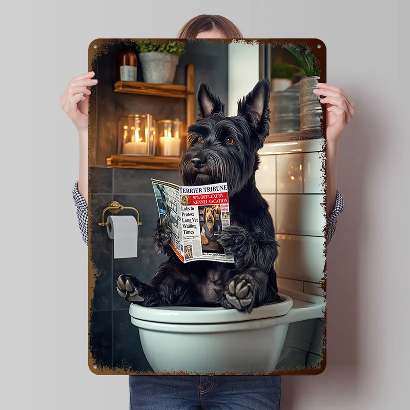 Scottish Terrier on the Toilet Tinplate Poster Custom Wall Art Vintage Metal Signs Retro Tin Plaque for Decoration Bedroom House