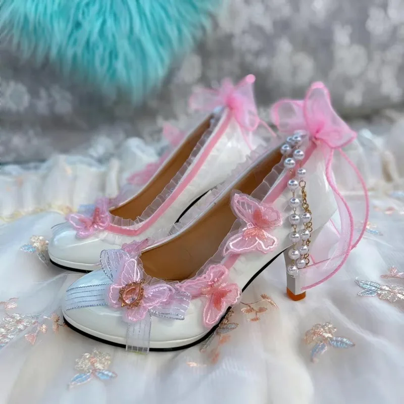 

Original Lolita Shoes Handmade High Heels Sweet Elegant Versatile Loli Bow Tea Party Light Luxury WomenShoes Wedding Shoes Bride