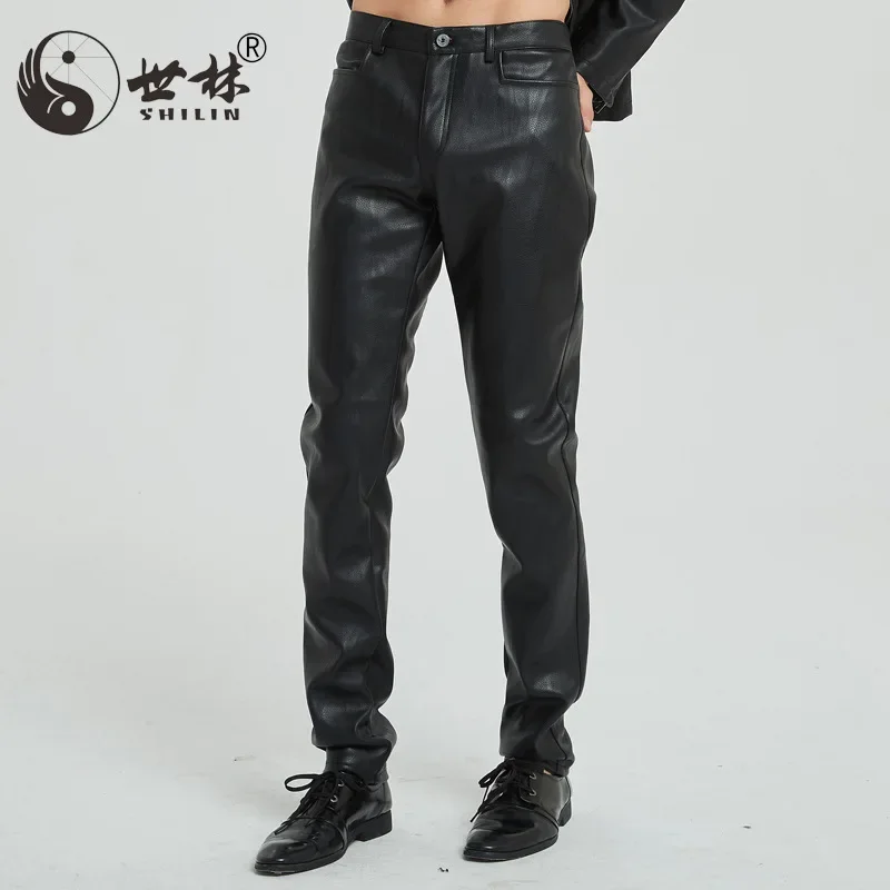 

2024 Men's Black Patch Pocket Tight Leather Pants Slim Fit Feet Motorcycle Leather Pants Leather Pants