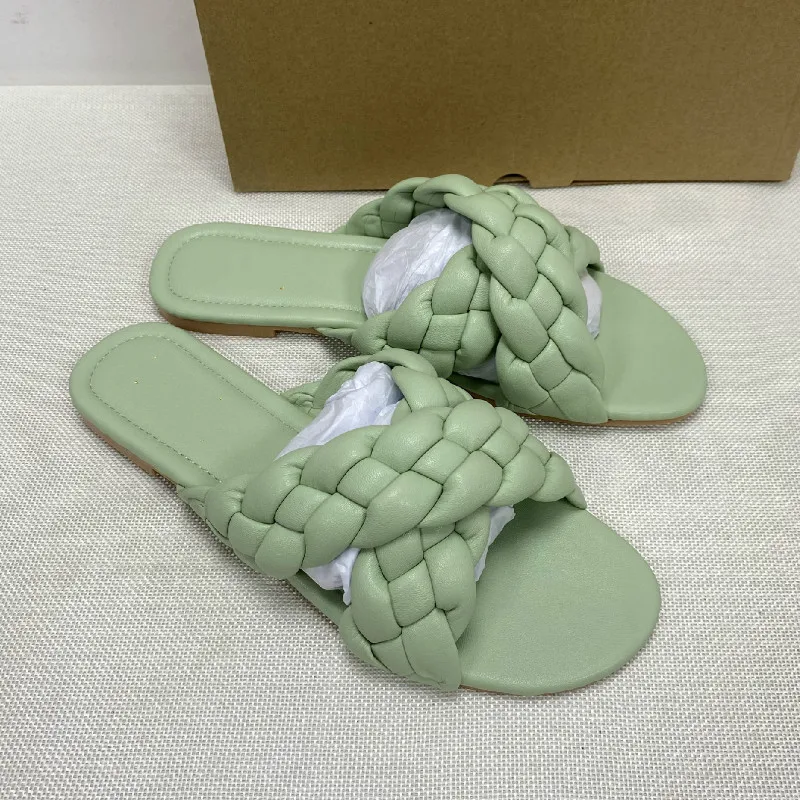 2023 Fashion Women\'s Shoes Cross Fashion Leather Weave Slides Women Flat with Outdoor Slippers Candy Color Summer Sandals