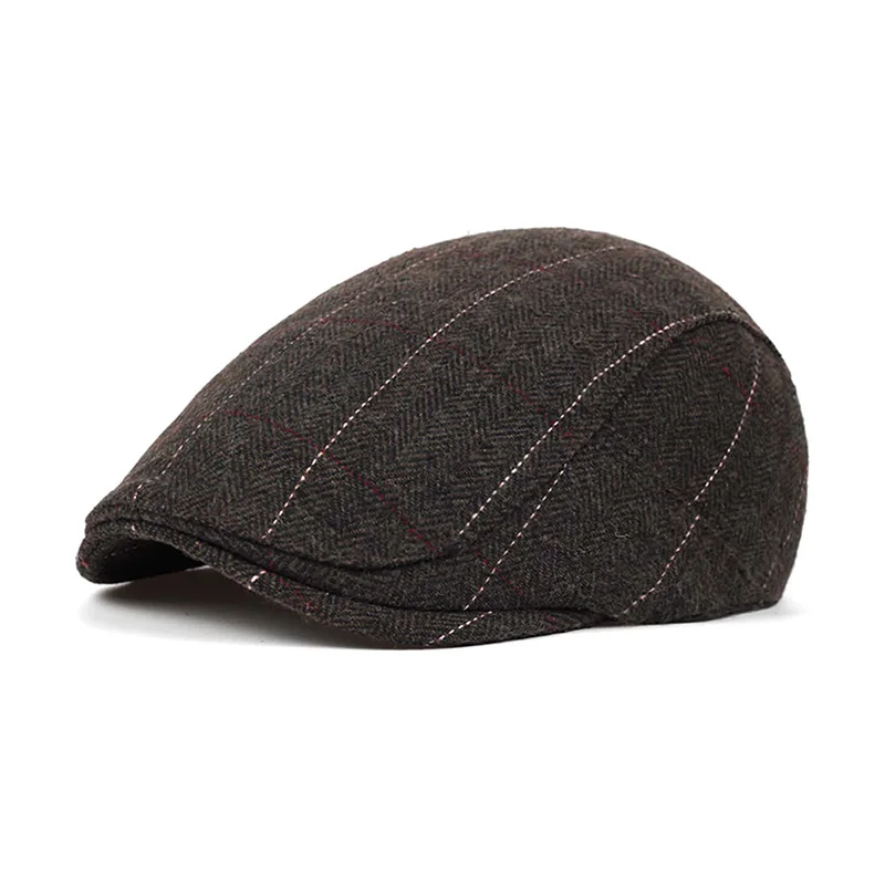 Men Autumn and Winter Warm Newsboy Caps British Painters Hats Herringbone Grid with Red Line Flat Cap Hip Hop Berets