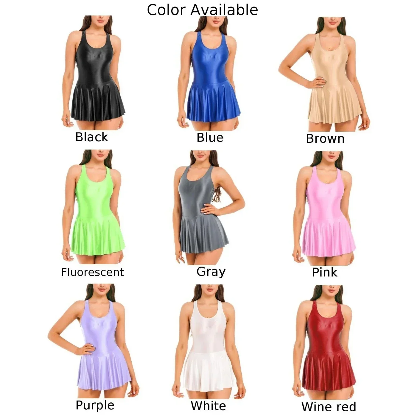Women Tank Dresses Glossy Stretchy Sleeveless Solid Color Athletic Tennis Dress Nightwear Porno Clubwear Exotic Dresses