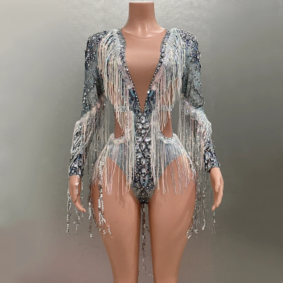 Body brillante con lentejuelas y diamantes de imitación, traje con borlas, estampado, Bar, club nocturno, cantante, bailarina, actuación, fiesta