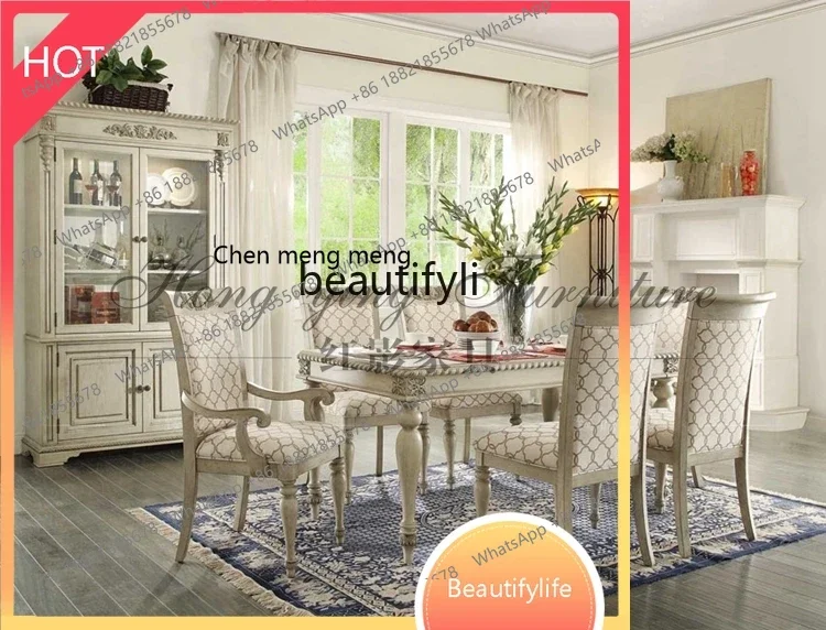 ss 8617 American solid wood carving flower French style old dining table and chair combination modern restaurant dining table