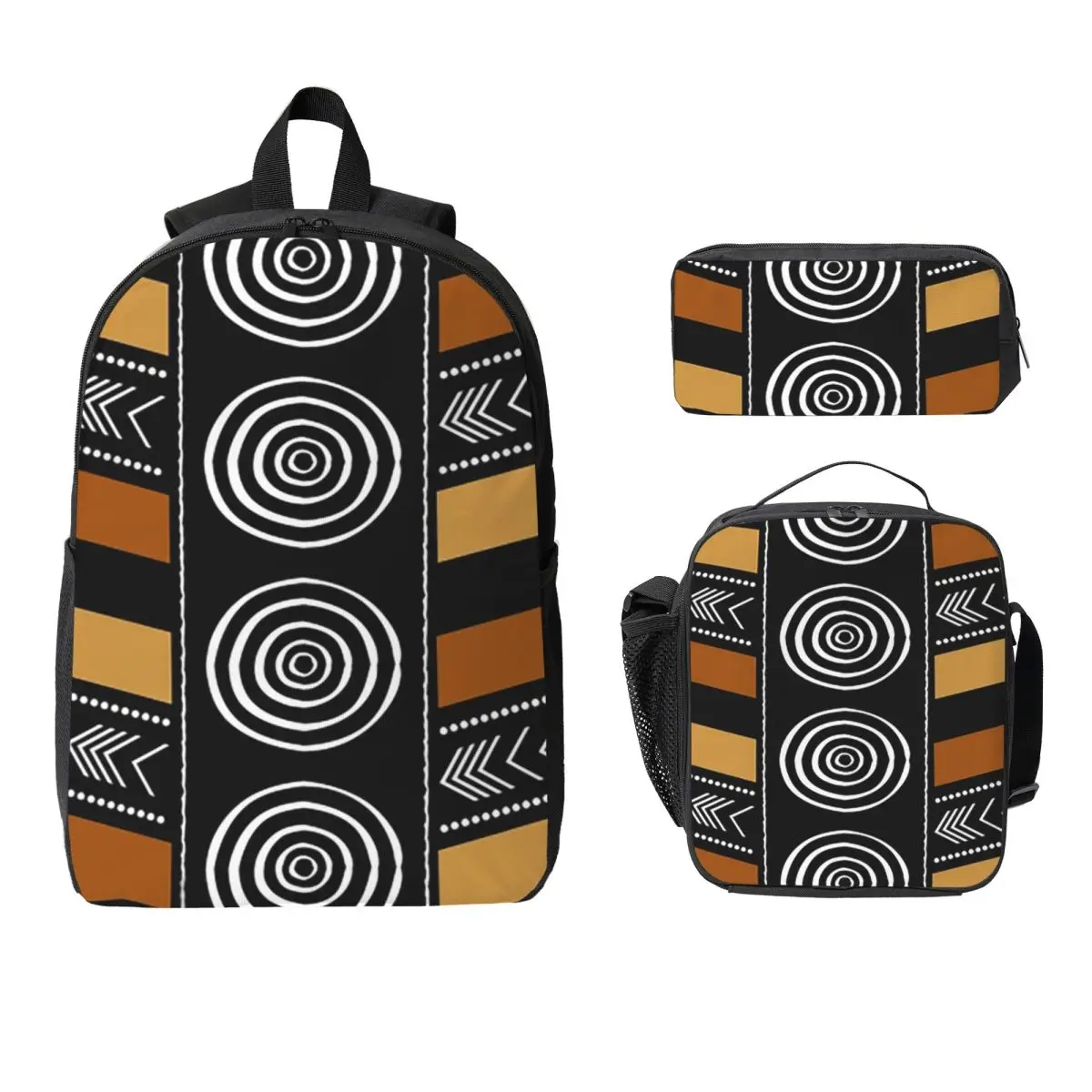 

African Mud Cloth Artwork Backpack Student Boy Girl BookBag School Bag Computer Shoulder Bag 3ps Insulated Lunch Bag Pencil Case