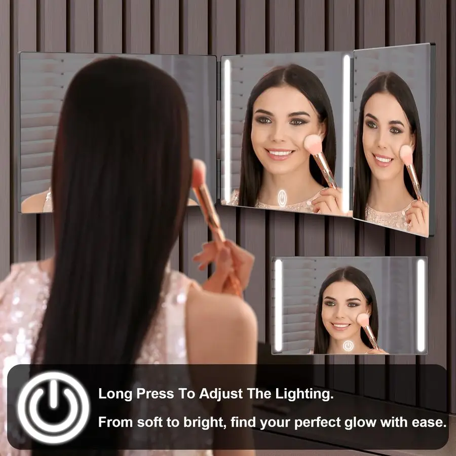 3 Way Mirror with LED for Hair Cutting, Trifold Mirror for Shaver and Makeup, Adjustable Telescoping Hookswith LED Version