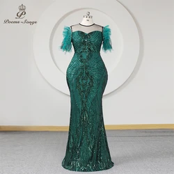 Mermaid Plus Size Formal Evening Dress With Half Sleeves Green Sequins Transparent Neck Women Prom Dresses Party Gown Maxi dress