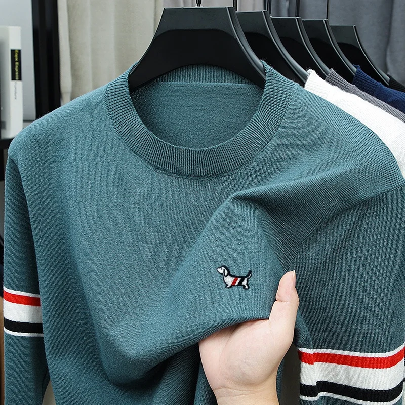 

High Quality Men's Hot Selling Knitted Sweater O-Neck Striped Sleeve Cartoon Print Pullover Autumn Winter Versatile Menswear