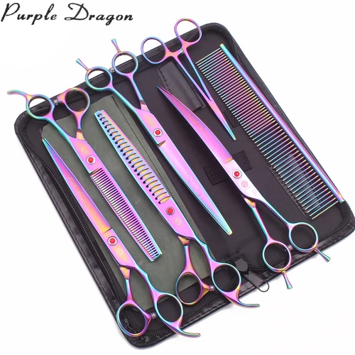 Purple Dragon 8 ""Japón 440C Kit de tijeras de peluquería para perros tijeras rectas tijeras curvas tijeras de adelgazamiento para mascotas Chunker de animales Z3015