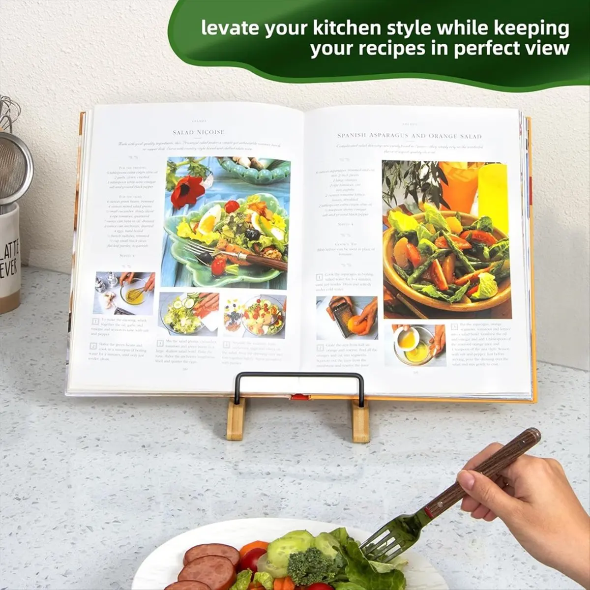 حامل كتب الطبخ الجديد لطاولة المطبخ، حامل كتب الطبخ من الخيزران، حامل كتب الطبخ للمطبخ، حامل كتب الوصفات #5
