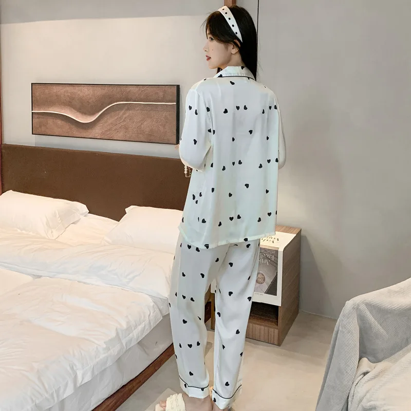 Women Spring Autumn Two Pieces Sets Pajamas Long-sleeved Trousers Lapel Cardigan Homewear Thin Loose With Dot Ice Silk Homecloth