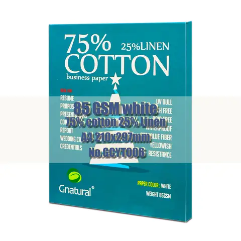 85gsm 75% Cotton 25% Linen Paper A4 210*297mm White Color with Red and Blue Fiber Starch-free Waterproof 100 Sheets GCYT006