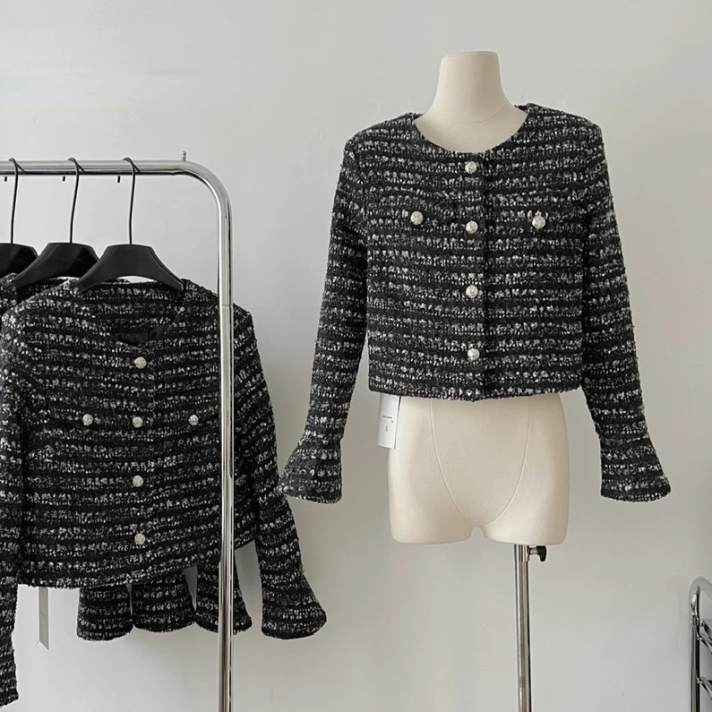 Black Striped Trumpet Sleeve Tweed Short Coat Female Small Fragrance Woven O Neck High Waist Simple Casual Cardigan Women Jacket