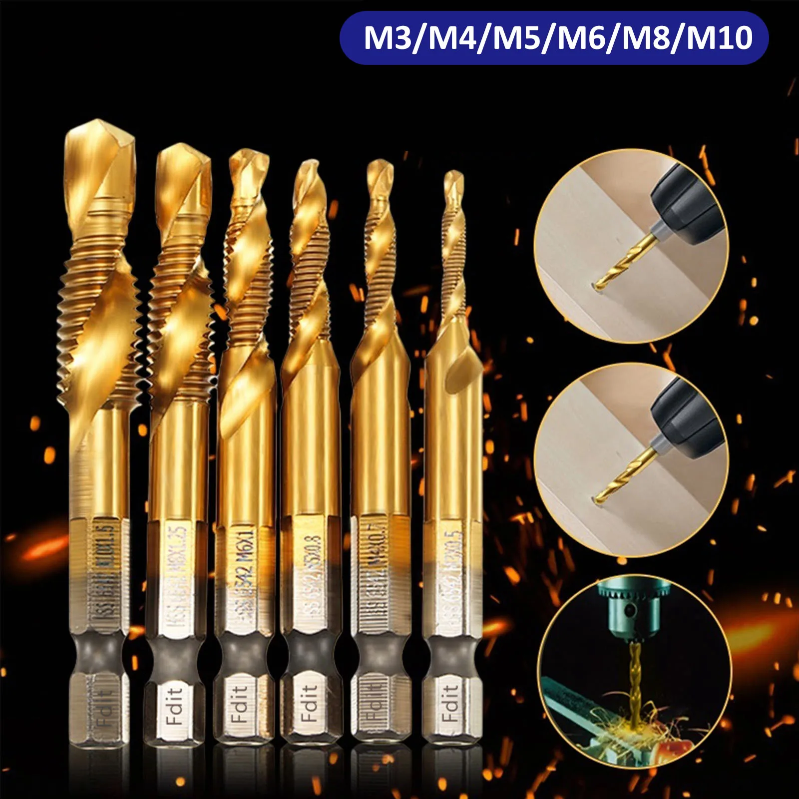 6Pcs Tap Drill Bit Hex Shank Titanium Plated HSS Screw Thread Bit Screw Machine Compound Tap M3 M4 M5 M6 M8 M10 Hand Tools