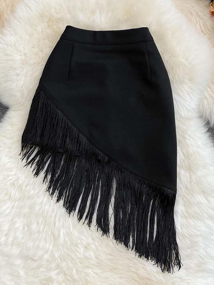 Womernhigh Waist Fringed Short Women's Summer New Style Black Irregular Elastic Hip Anti-Glare Skirt KK1744