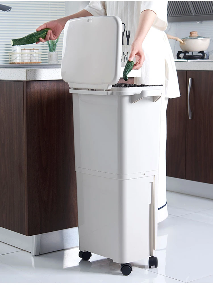 

Большое мусорное ведро для кухни с двойным слоем, крышкой, разделением на сухие и влажные отходы, на колесиках, для домашнего использования, классическое.