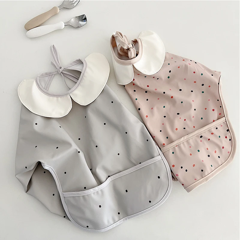 Newborn Feeding Apron Front Pocket Dot Baby Bibs Food Accessories Long Sleeve Clothes Full Cover Half-Back Kids Gown Waterproof