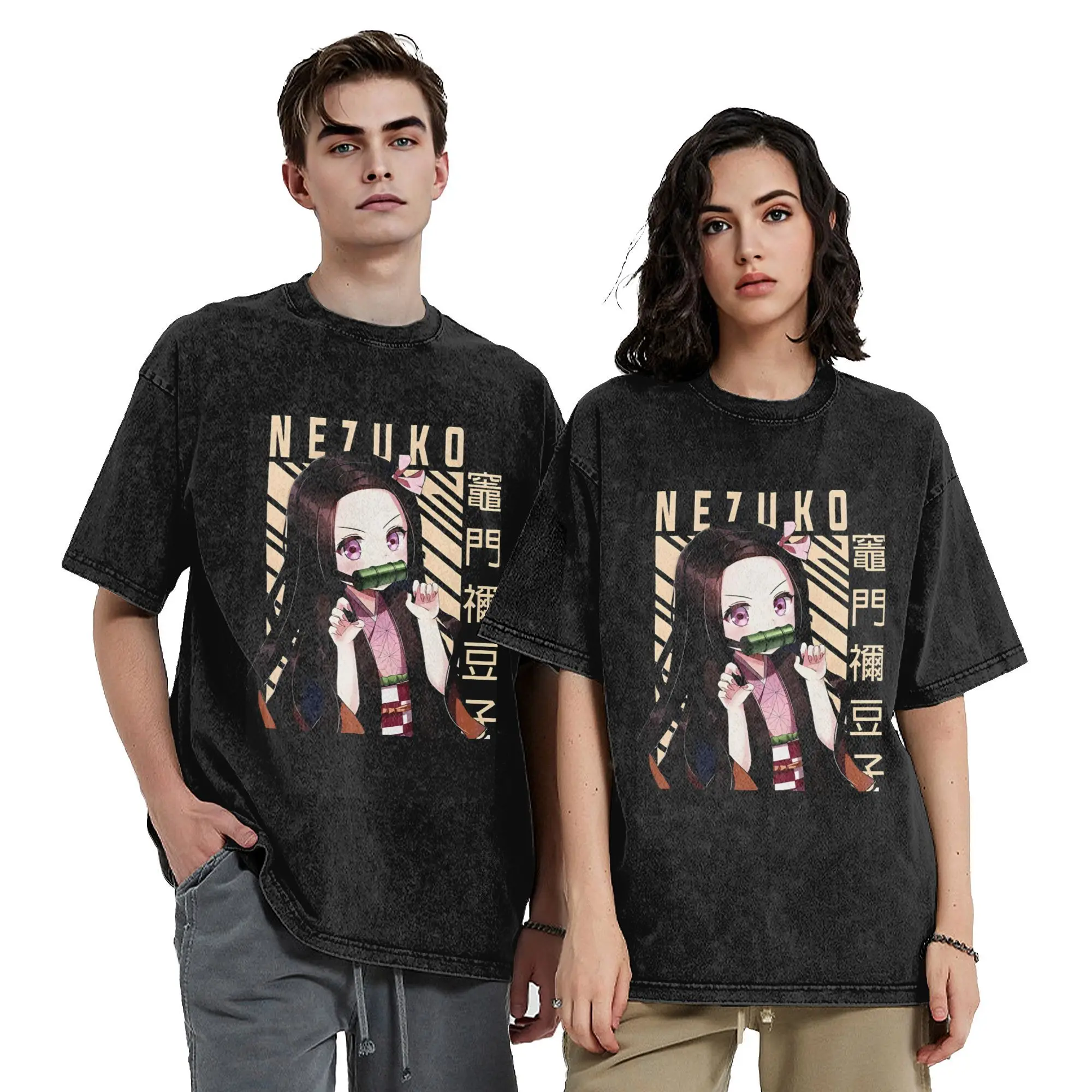 Priting Nezuko Kamado  Demon Slayer Vintage Washed T-Shirt Unisex Round Neck Short Sleeve Tops Shirts  100%Cotton Tops