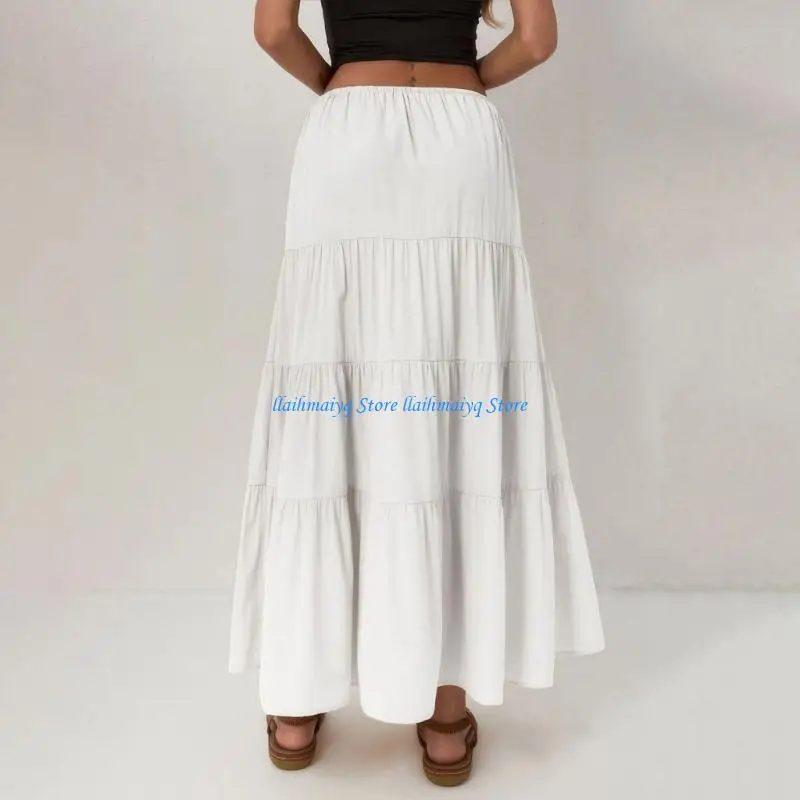 573B Womens Maxi Skirts, Elastic High Waist A-Line Tiered, Long Flowy Skirts, Casual Beach & Vacation Wear