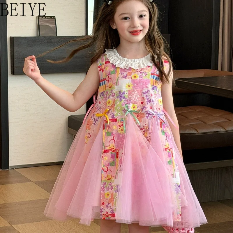 Girls' Clothing Sweet Floral Vest Dress Summer Children's Mesh Splicing Lace Dress Baby Kids Sleeveless Floral Printing Dress