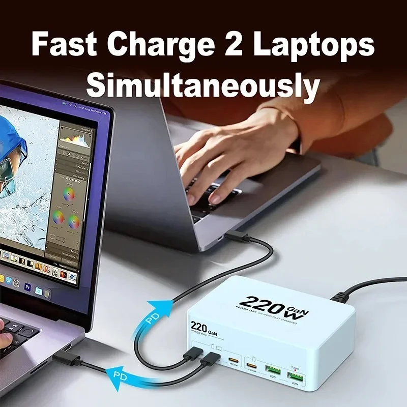 Multi Port Fast Charger, USB Hub, Charge 6 Device at Same Time Show, Voltage Current, 220W