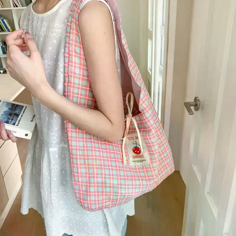 Plaid Shoulder Tote Bag With Cute Bow Decor Large Capacity For Daily Shopping School Commute