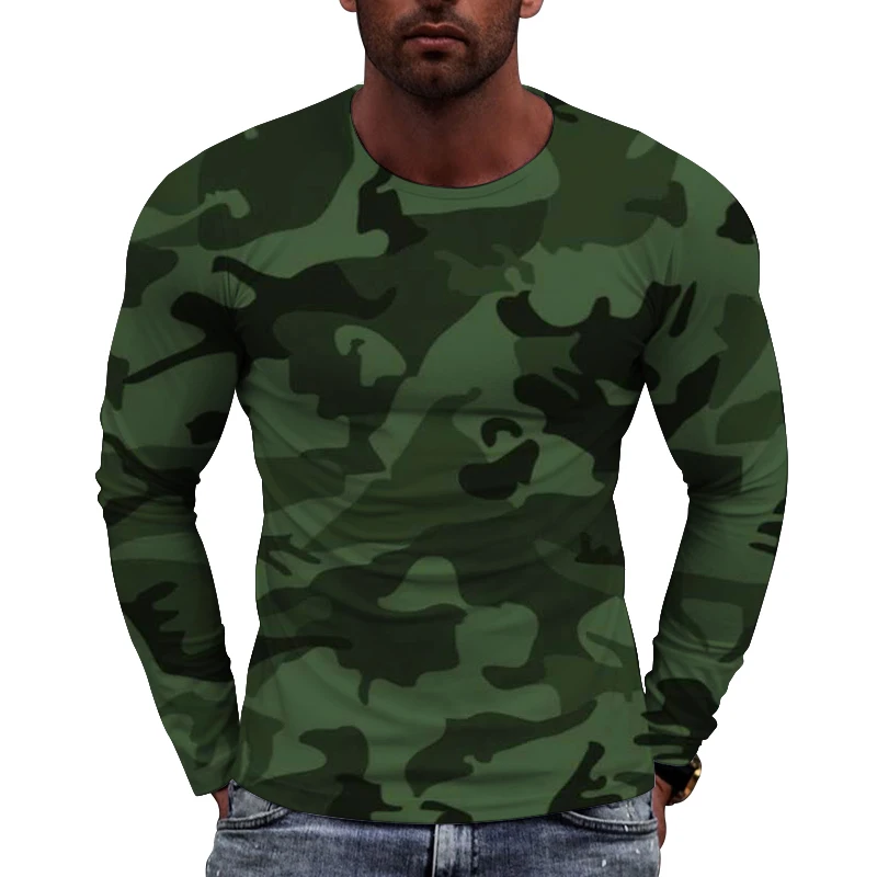 New European Camouflage Picture  Men long sleeved T-shirt Casual Printed Tees Hip-hop Personality Round Neck Quick-Dry Tops