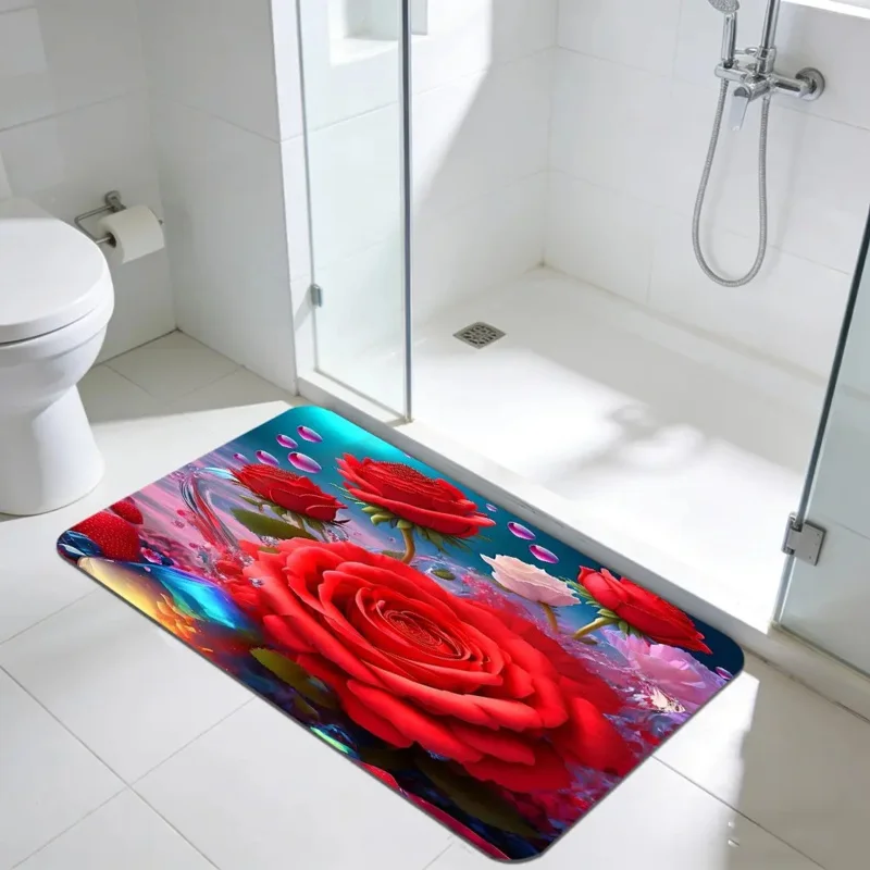 

VIKAMA Red Rose Flower Bathroom Floor Mat, Anti slip Water absorbing Carpet, Shower Room, Home Decoration