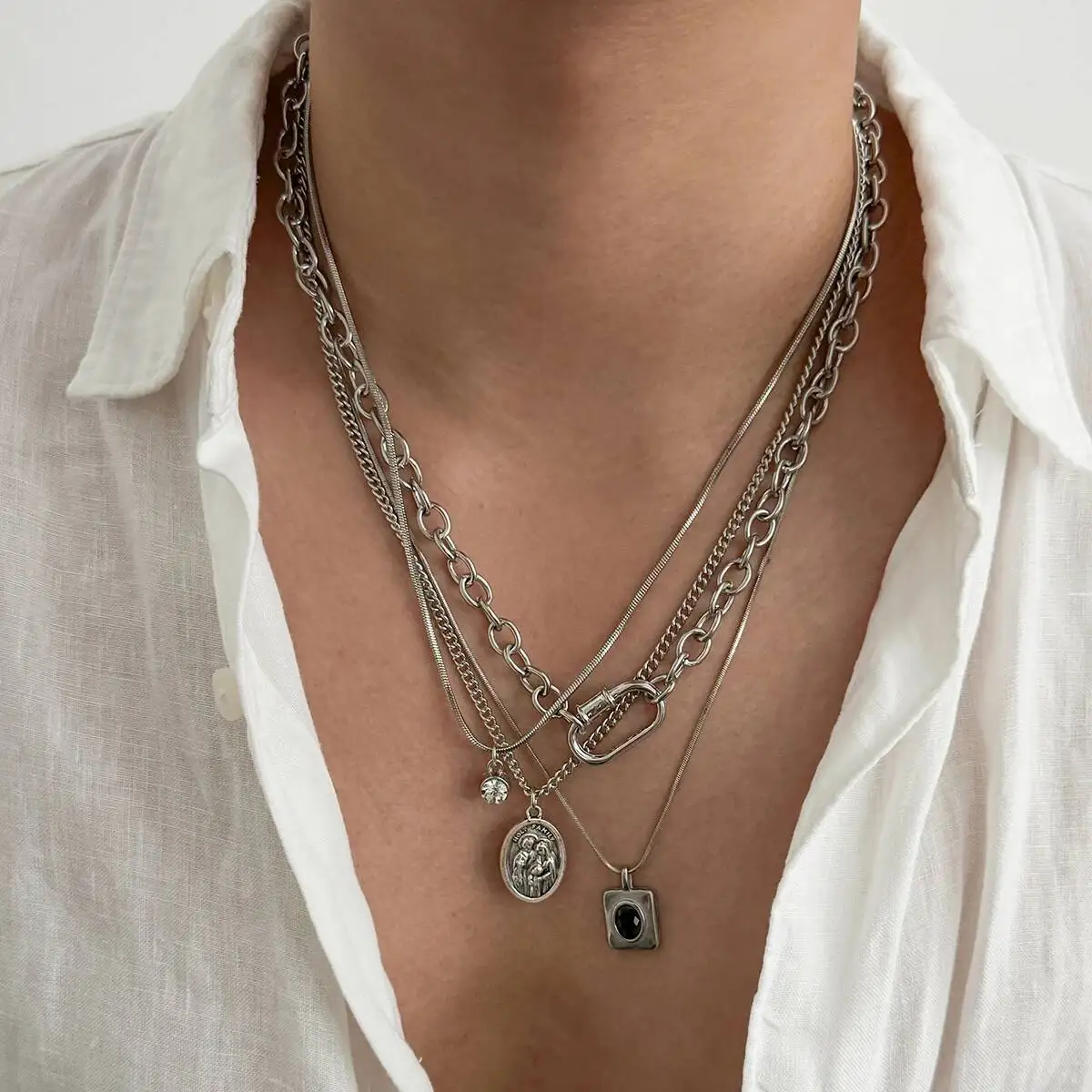 KunJoe 4 Pcs/Set Vintage Inlay Black Geometry Rhinestone Pendant Necklace Men Punk Adjustable Chains Daily Street Jewelry Gifts