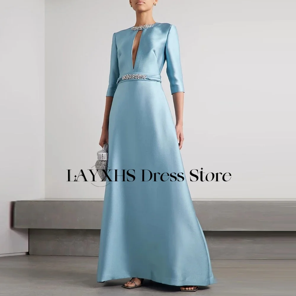 

LAYXHS Elegant Blue O-Neck Evening Dresses A-Line Beaded With Pocket Cut-out Prom Dresses Customized فساتين سهرة