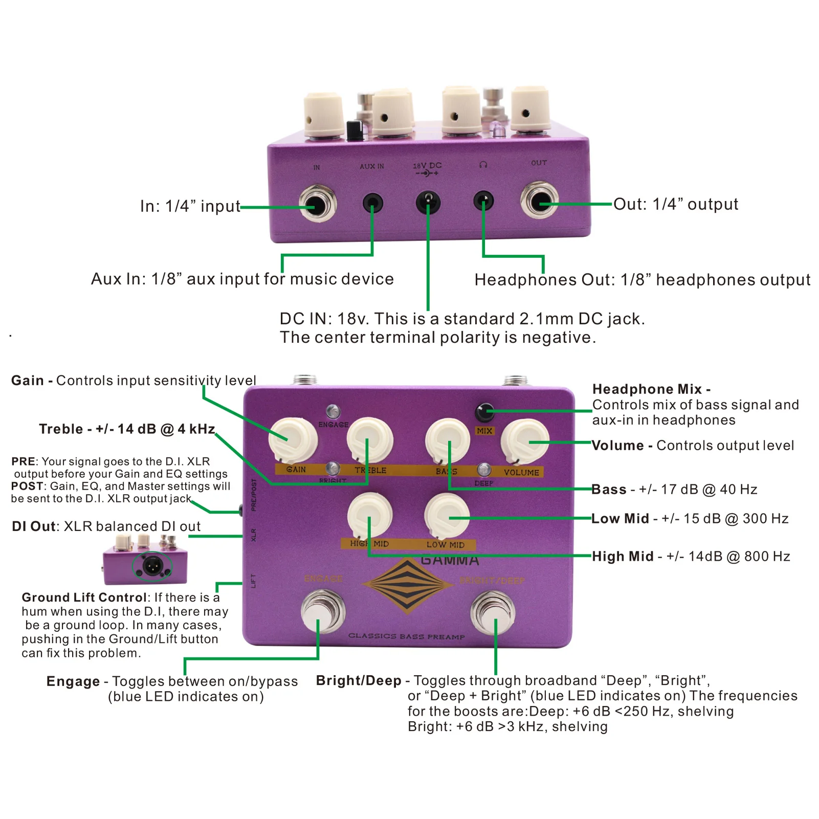MOSKYAUDIO Gamma Bass Preamp DI تأثيرات دواسة 4-Band EQ مع مخرج سماعة رأس بمفتاح عميق ومشرق للصوت الديناميكي النظيف صحيح