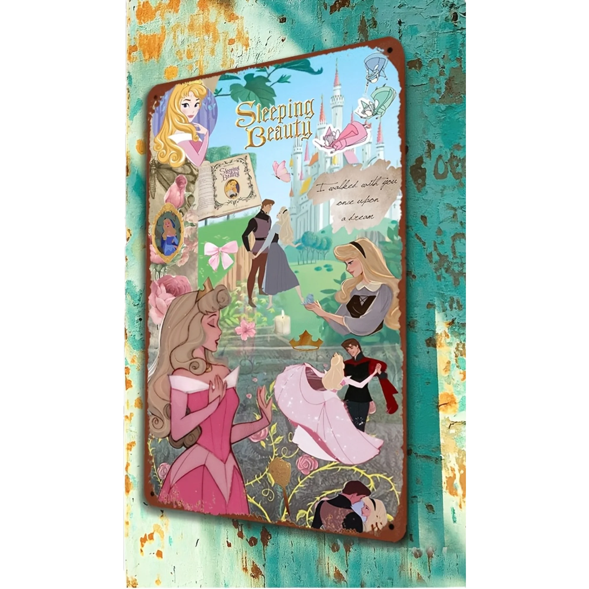 1 pieza de arte de pared de hierro con temática de Bella Durmiente Aurora y Maléfica - 20,32x30,48 cm, con licencia oficial, decoración vintage para el hogar, bar,