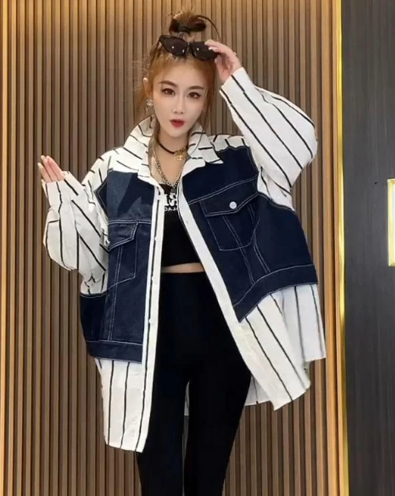 2024 New Korean Version Oversized Denim Jacket Women\'s Fashion Patchwork Striped Denim Jacket Loose Casual Jacket Women\'s Trend