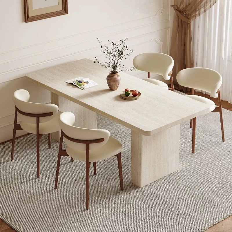 Medieval travertine rock slab dining table and chair combination French small apartment household rectangular dining table
