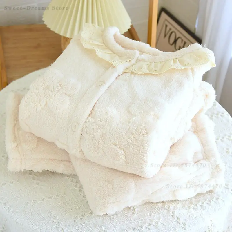 

Autumn Winter New Home Clothing Women Sweet Long Sleeve Pajamas Thick Warm Flannel Sleepwear Top Pants Pyjamas Suit Loungewear