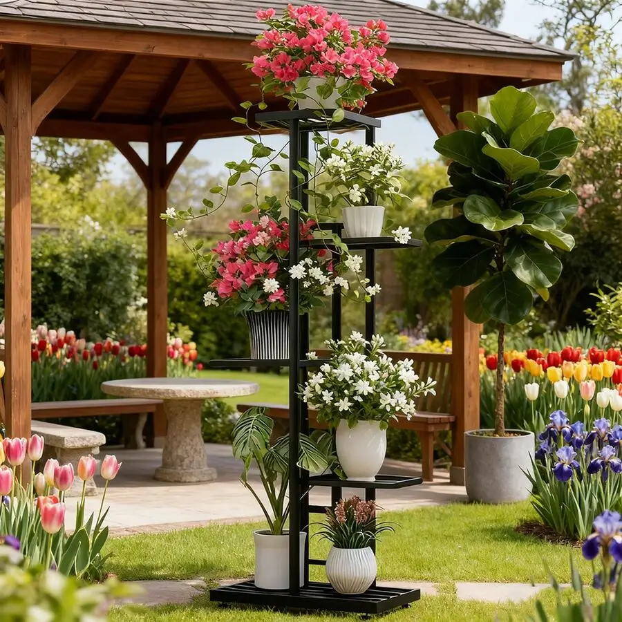 ( High Quality) Indoor/Outdoor Dual-Use Metal Plant Stand Five-Tier, Six-Pot Capacity Multi-Level Plant Stand Features Rust-Proo