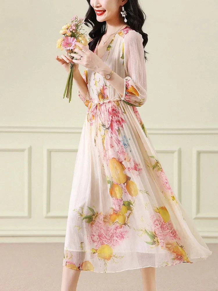 Silk Dress Summer 2023 New Luxury French Socialite V-neck Mulberry Silk Waist Temperament Floral Skirt