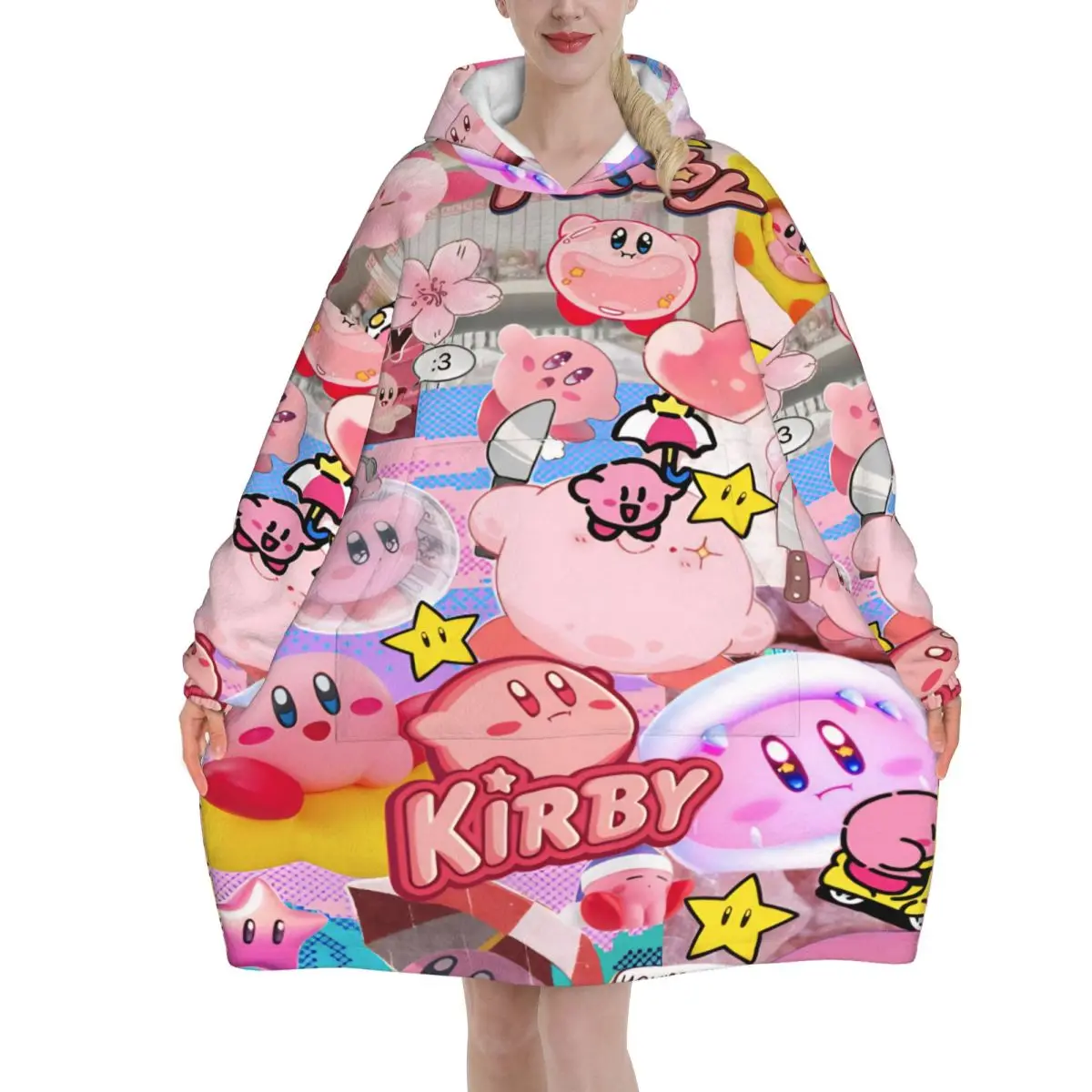Pink Kirbys Funny Game Oversized Blanket Hoodie Sweatshirt Long Fleece Hooded Wearable Blanket with Large Pocket for Women Men