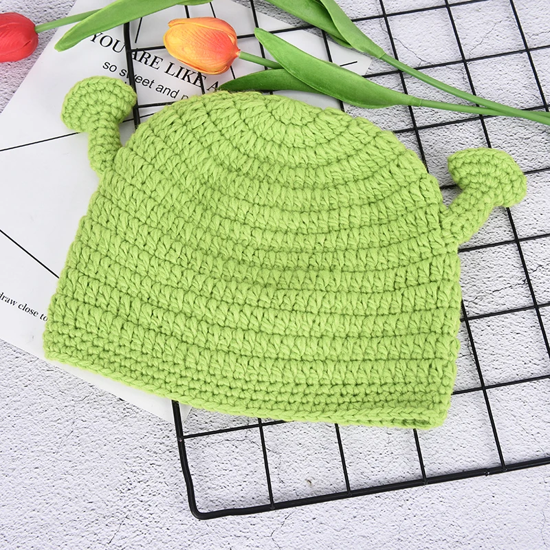 Unisex Balaclava Monster Shrek Wool Winter Knitted Hats Green Party Funny Cap