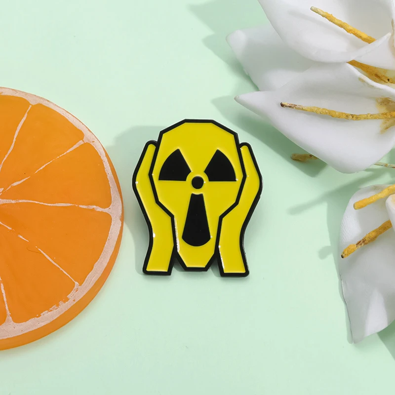 Yellow Warning Sign Enamel Pins Creative Cartoon Radiation Symbol Brooches Fashion Lapel Badge Backpack Jewelry Gift for Friends