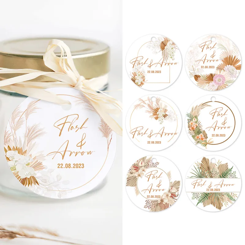 

Bride Groom Wedding Tags Pampas Grass Boho Wedding Thank You Label Personalized Your Name Text Birthday Party Gift Box Tags Card