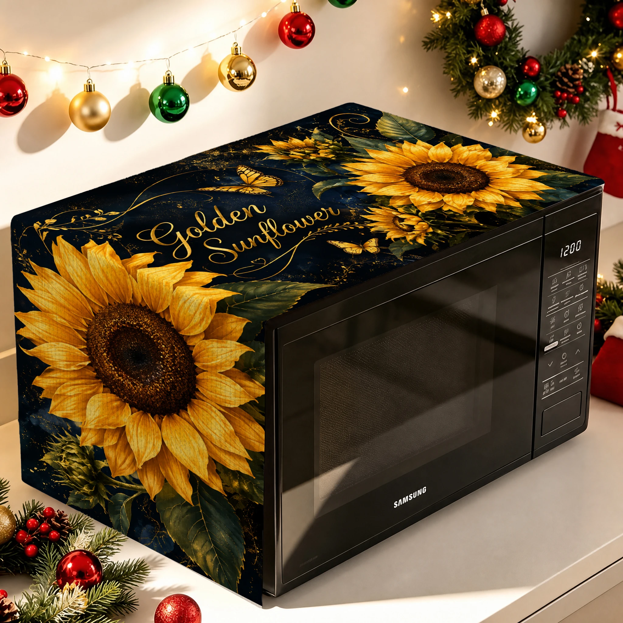 1pc Christmas Microwave Oven Cover Sunflower Lemon Olive Floral Print Waterproof Dustproof Kitchen Appliance Protector