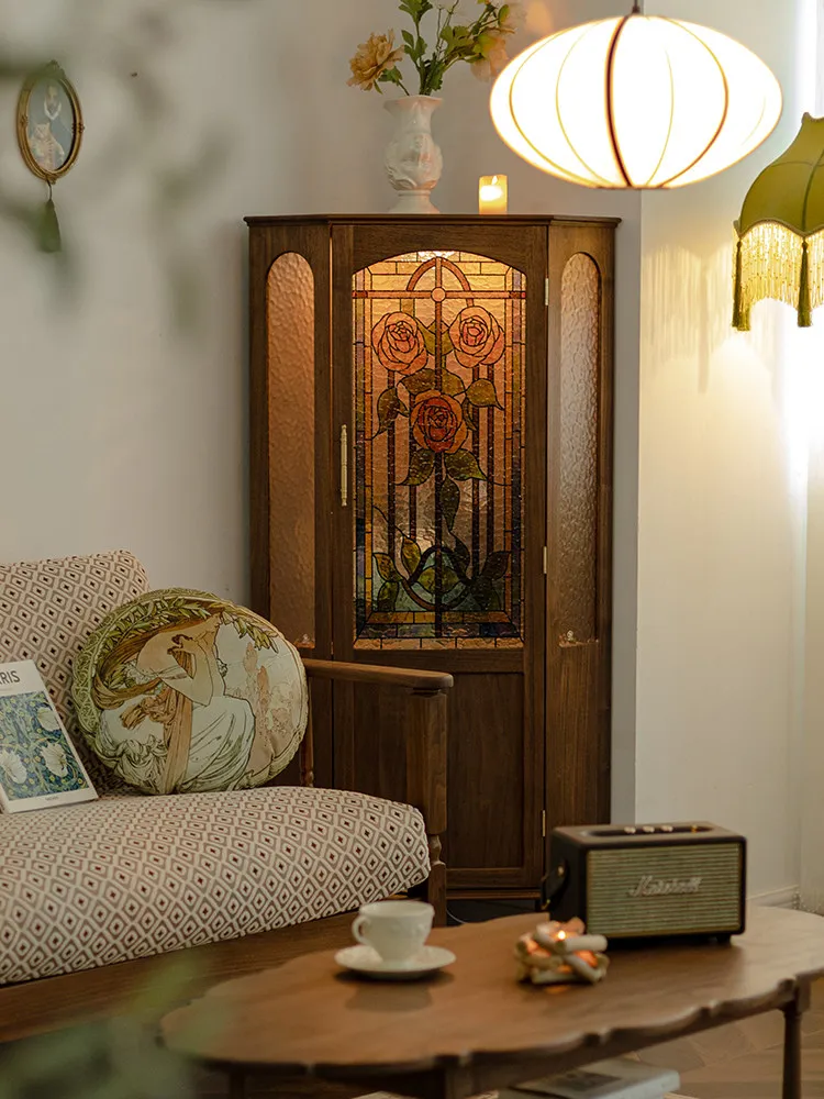 Retro rose black walnut solid wood wine cabinet, Nordic living room corner corner triangular cabinet