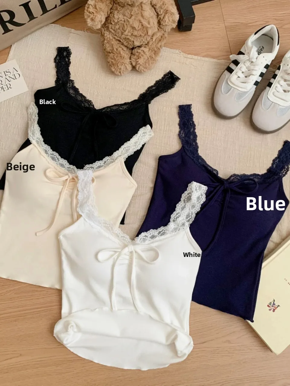 Sweet Early Autumn Lace Splice  Knot Strap Slimming Fixed Top with Chest Pad V-neck Flocking Women's Vest Blouse