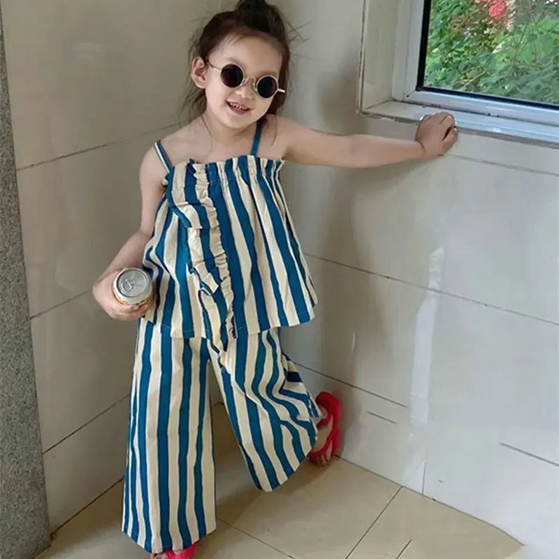 Baby Girls Suit Fashion Striped Suspender T-shirt Tops and Nine-point Pants Summer Outfits Two Piece Children's Clothing Sets