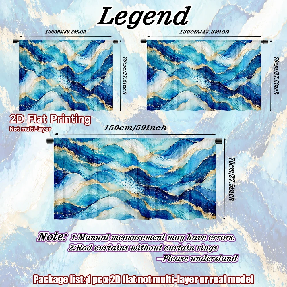 2D flat 1pc Bohemian style short curtains Blue Gold Marble Waves Digital printing The rod-mount design makes installation